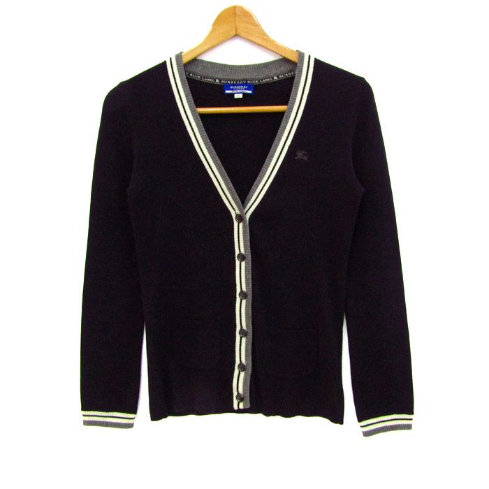 バーバリーロンドンブルーレーベル カーディガン トップス 長袖 Vネック レディース 38サイズ 黒 BURBERRY LONDON BLUE LABEL