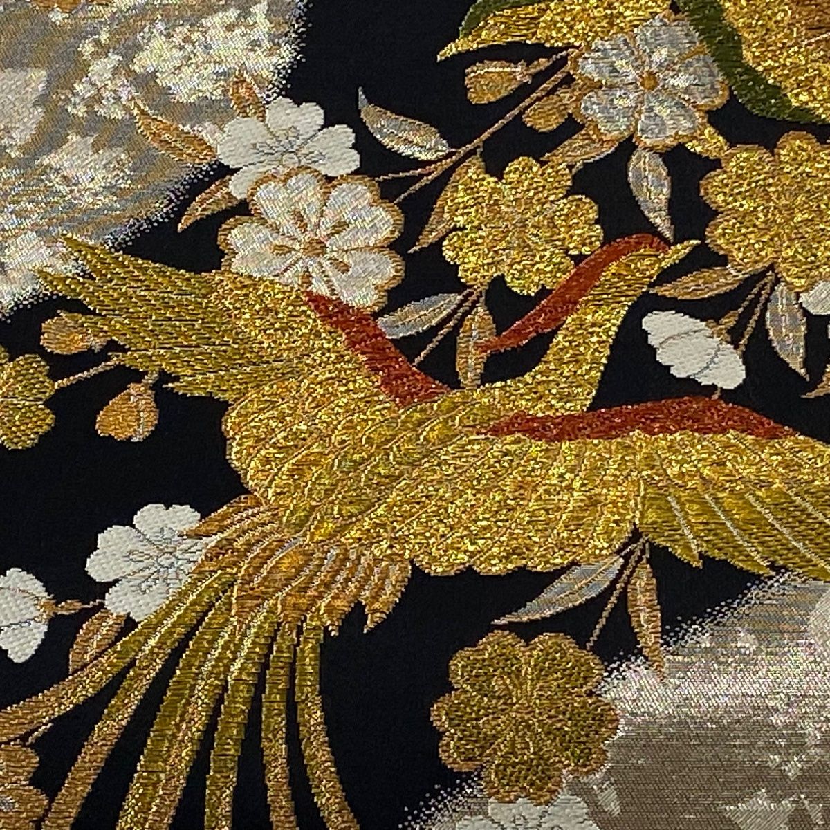 美品】 袋帯 秀品 鳳凰 花 金銀糸 箔 黒 六通 正絹 【中古