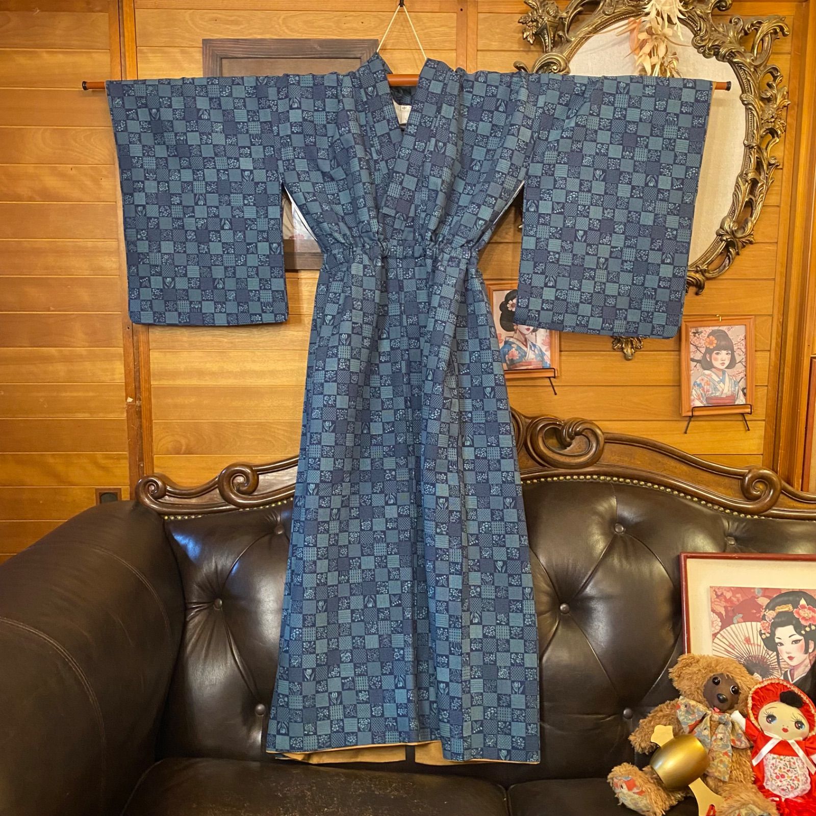 リメイク 着物ロングワンピース 化繊 洗える 帯サッシュベルト付き  