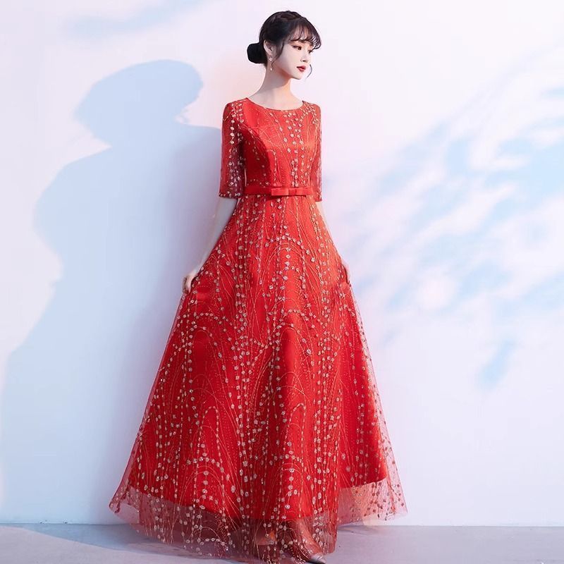 パーティードレス 発表会 演奏会 ドレス ロングドレス ワンピース ロング丈 結婚式 二次会 上品 感 お呼ばれ レディース 大人 ピアノ 発表会 フォーマルドレス 袖付き20代 30代 40代 50代 MAAHADDERANG_COM