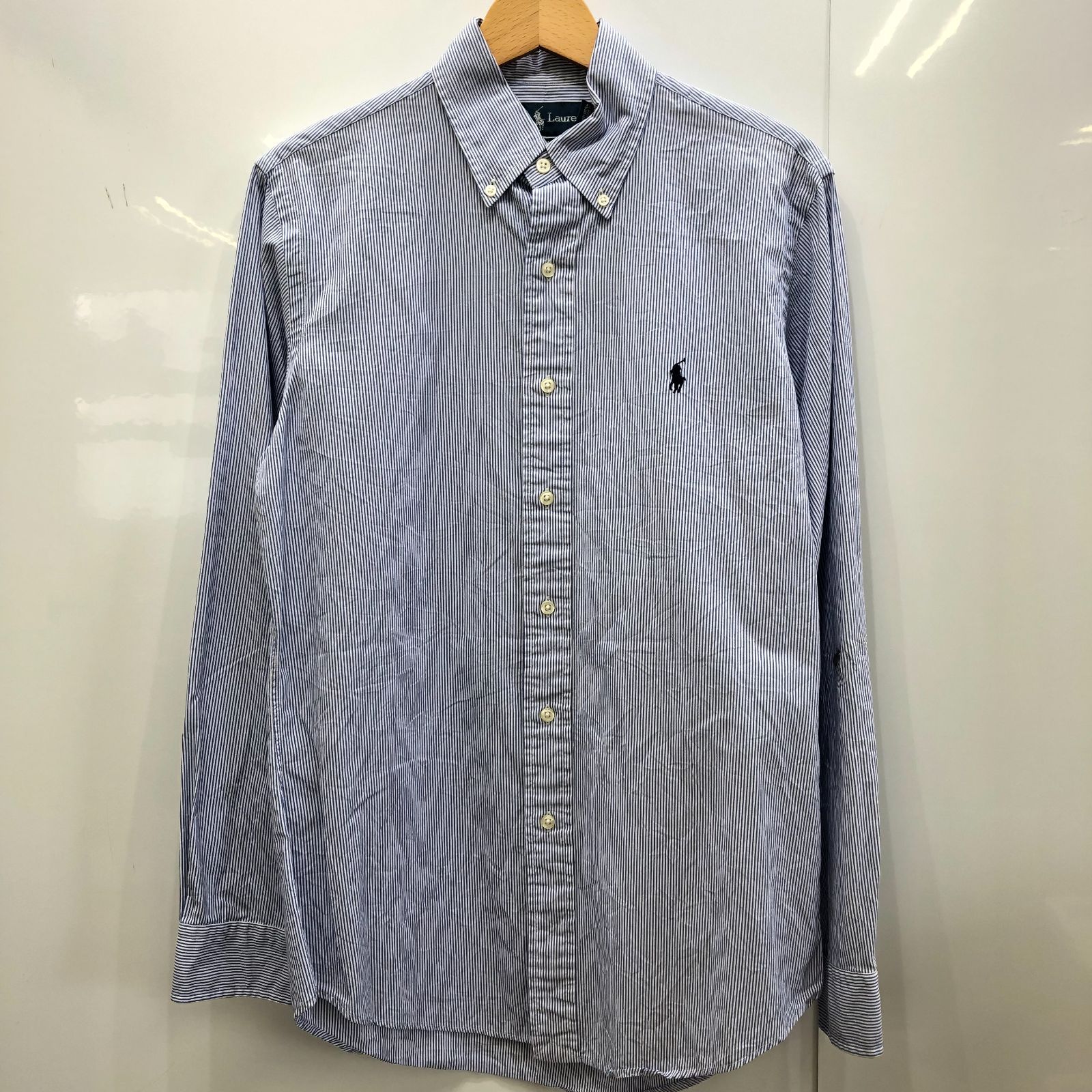 極美品　ラルフローレン　シャツ　ボタンダウン　ブルー　ストライプ　ポニー刺繍 RALPH LAUREN ラルフローレン 袖ポニー刺繍 ストライプシャツ 襟