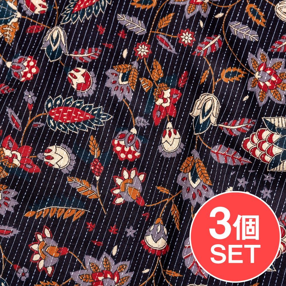 【3個セット】〔1m切単位り売り〕カンタ刺繍がかわいい　ボタニカルデザインの布　ブラック系〔幅約108cm〕 / セット