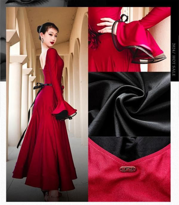 競争力のある 社交ダンスドレス モダンドレス 黒 赤 社交ダンス衣装 社交ダンス ドレス 衣装 長袖 大きい裾 スタンダードドレス ワルツダンス ワンピースドレス ステージ衣装 競技会 パーティー 発表会 競技着 練習着 舞台 演奏会 演出 ブラック ワインレッド