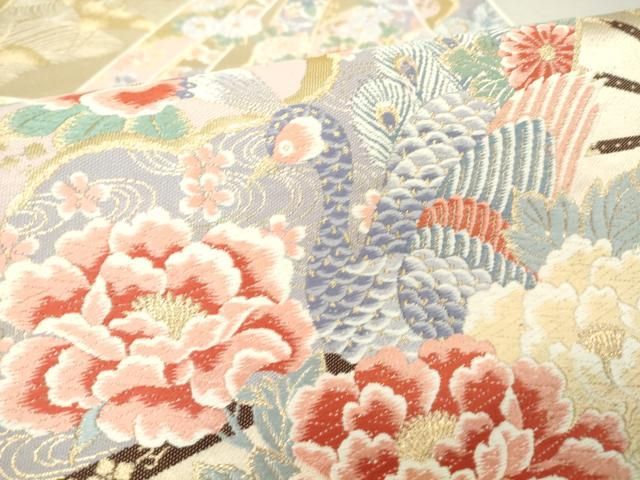袋帯 豪華金彩 環映天長華文 正絹 着物 RO-3929 袋帯 美品 名品 華文 向かい鳥 箔 唐織 灰紫 六通 正絹｜中古