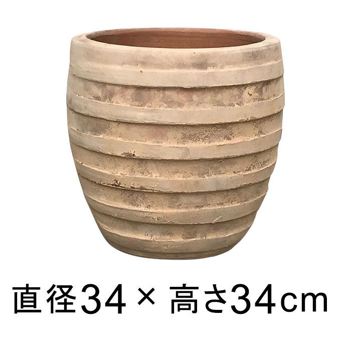 【新品】直径34㎝ 植木鉢 おしゃれ 横じま 丸 深型 アンティーク 素焼き鉢 テラコッタ鉢 ショコラ 20リットル