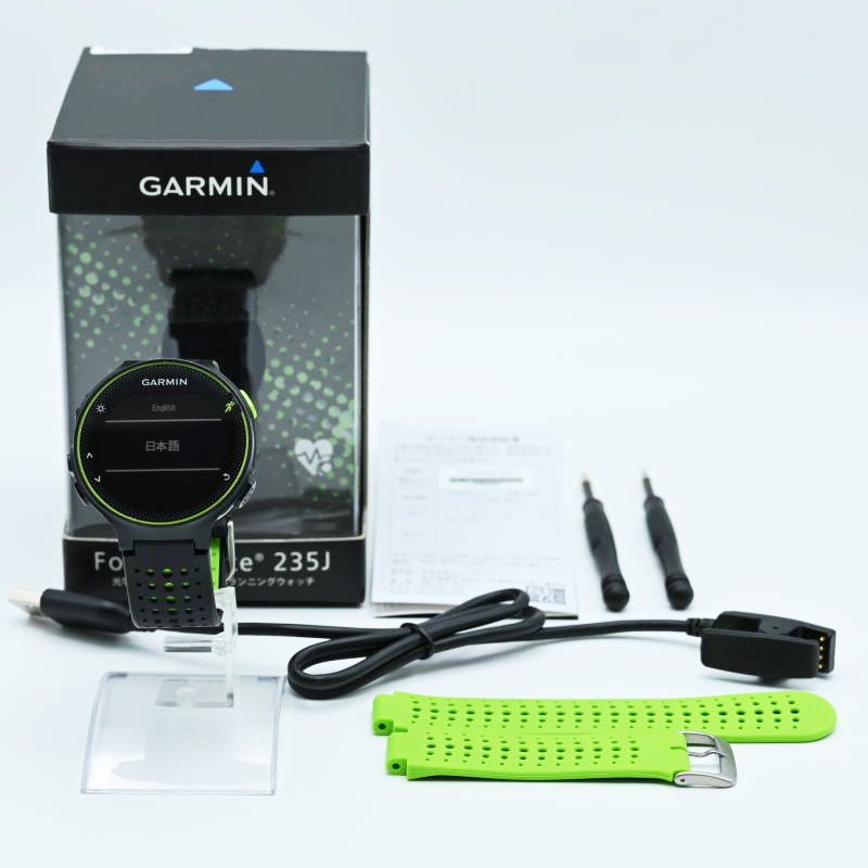 T05-t014 動作 済 GARMIN ガーミン ForeAthlete 235J 光学心拍センサー内蔵GPSランニングウオッチ ブラックグリーン ベルト2組付き