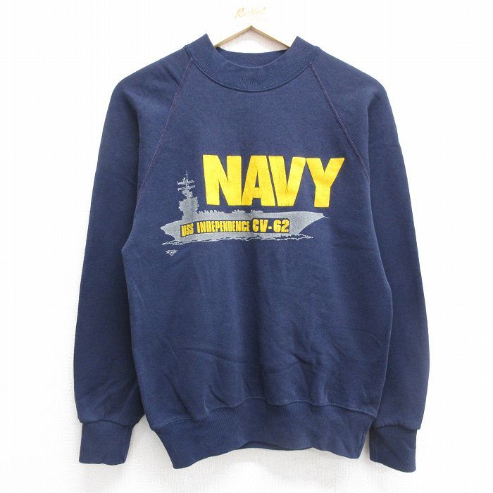 M/古着 長袖 スウェット メンズ 90s ミリタリー ネイビー NAVY ラグラン クルーネック 紺 24sep11 中古 スエット トレーナー トップス