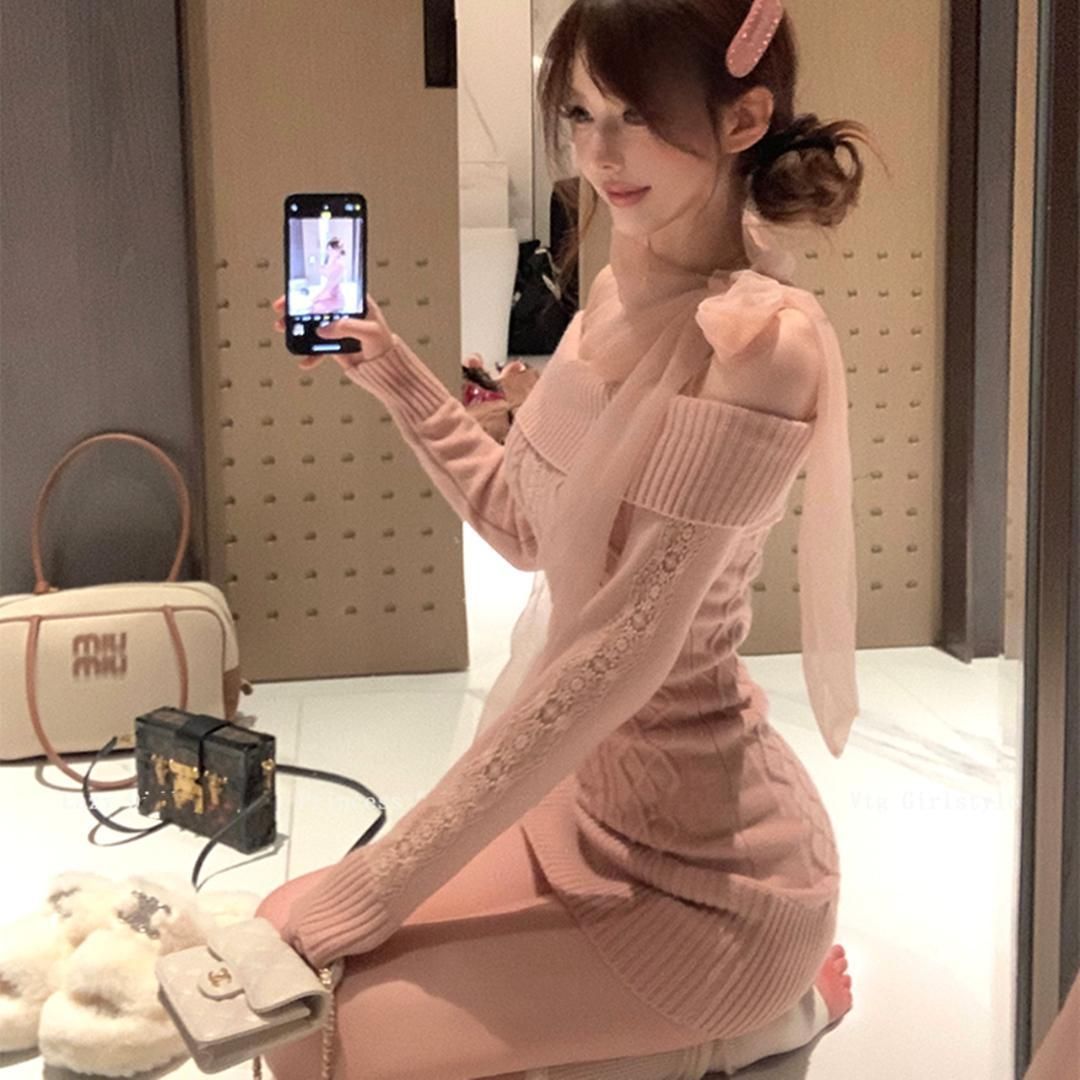 韓国♡愛される 綺麗め♡ チュール ドッキング リボン ニット ワンピース 上品 韓国♡愛される 綺麗め♡ チュール ドッキング リボン ニット