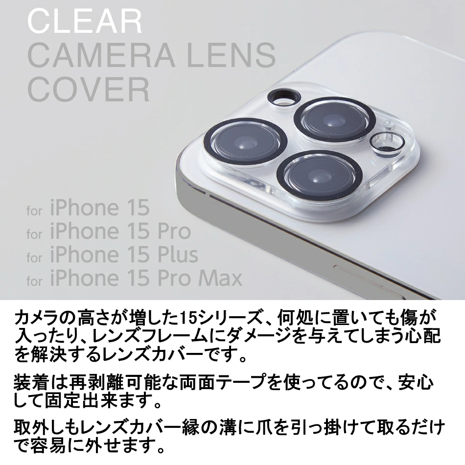 【訳アリ B級品 特別価格】iPhone 15 / 15Pro / 15Plus / 15ProMax 用　カメラユニットをしっかり守る通常タイプのアクリル透明プロテクター
