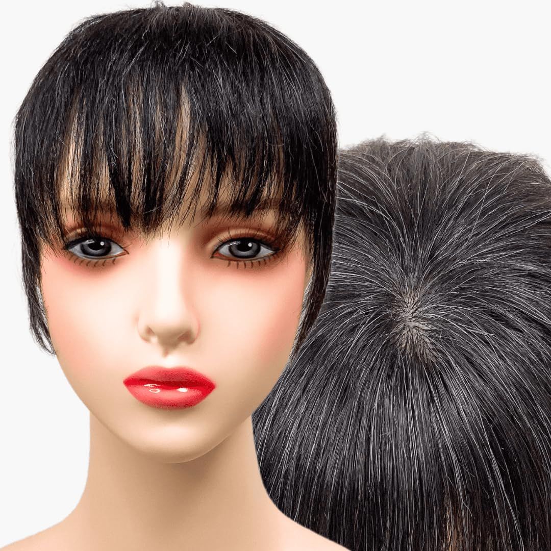 部分ウィッグ かつら ヘアピース ポイントウィッグ 白髪 グレイヘアー グレイ 女性 レディース 人毛mix ショート 前髪 ストレート 前髪ウィッグ O型つむじ 医療用 つむじ 頭頂部 うぃっぐ トップピース 白2黒8人毛mix グレイヘアーアップ