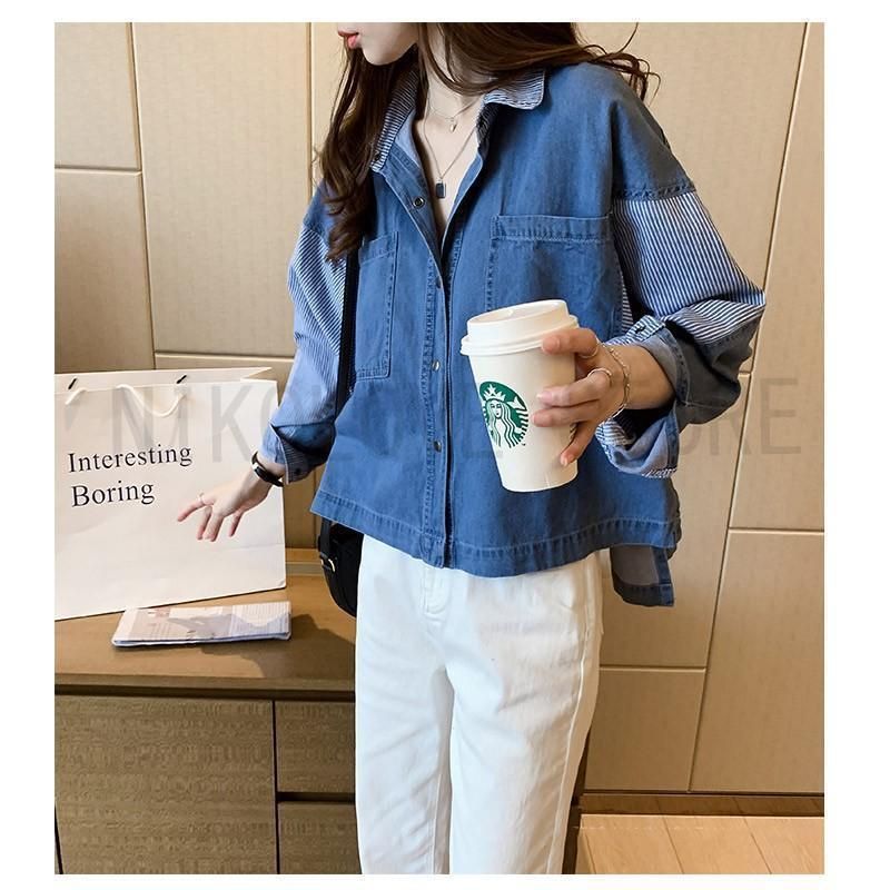 秋新作 ブラウス デニムシャツ レディース 異素材切替 シャツブラウス カジュアル 長袖シャツ 春服 胸ポケット トップス 羽織り おしゃれ デニム風シャツ レディース 異素材切替 シャツブラウス