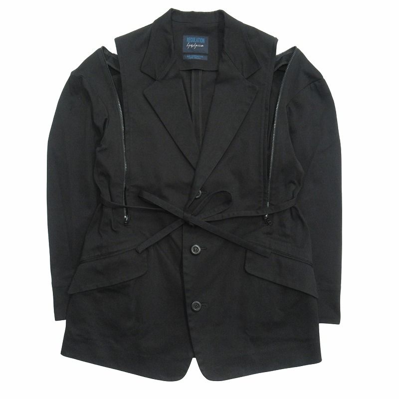 19ss レギュレーション ヨウジヤマモト REGULATION YOHJI YAMAMOTO コットンツイル テーラード ジャケット ブレザー ファスナー オーバーサイズ ドローコード 2 黒 ブラック メンズ レディース