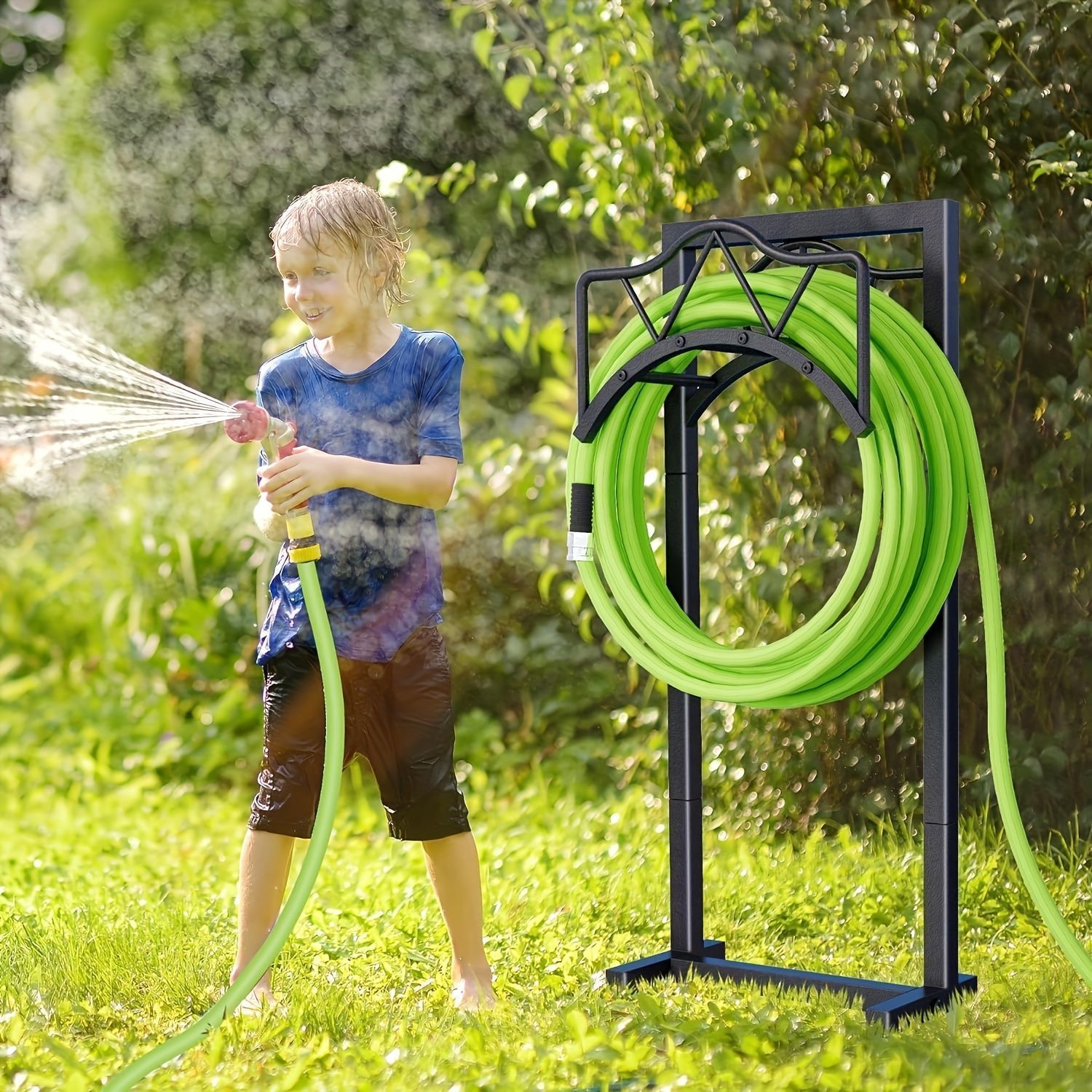 屋外散水用具収納用自立式ホースリールラック ラック