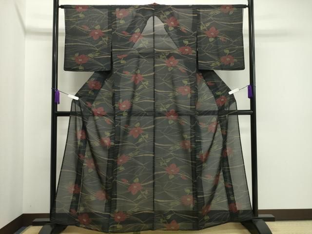 平和屋着物▽小紋　単衣　市松草花文　黒地　洗える着物　AAAU1160iu 平和屋着物▽小紋 単衣 市松草花文 黒地 洗える着物 AAAU1160iu