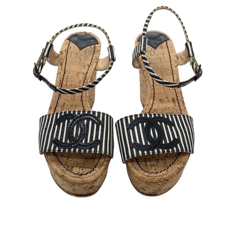 シャネル CHANEL サンダル 靴 シューズ ファブリック コルク ブラック  