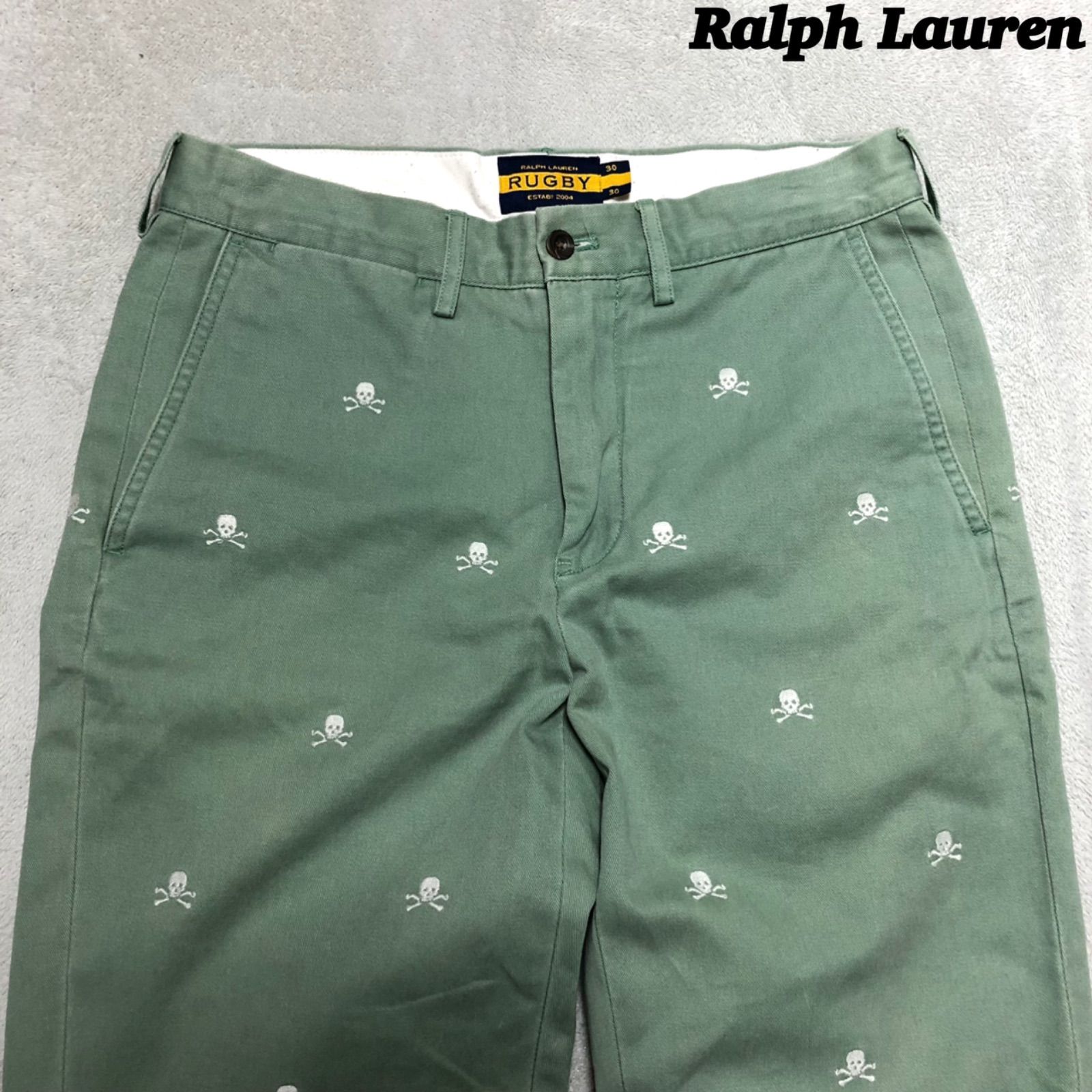 Rugby Ralph Lauren チノパンツ スカル刺繍 総柄 W30 緑系 ライムグリーン ライトグリーン ラグビーラルフローレン