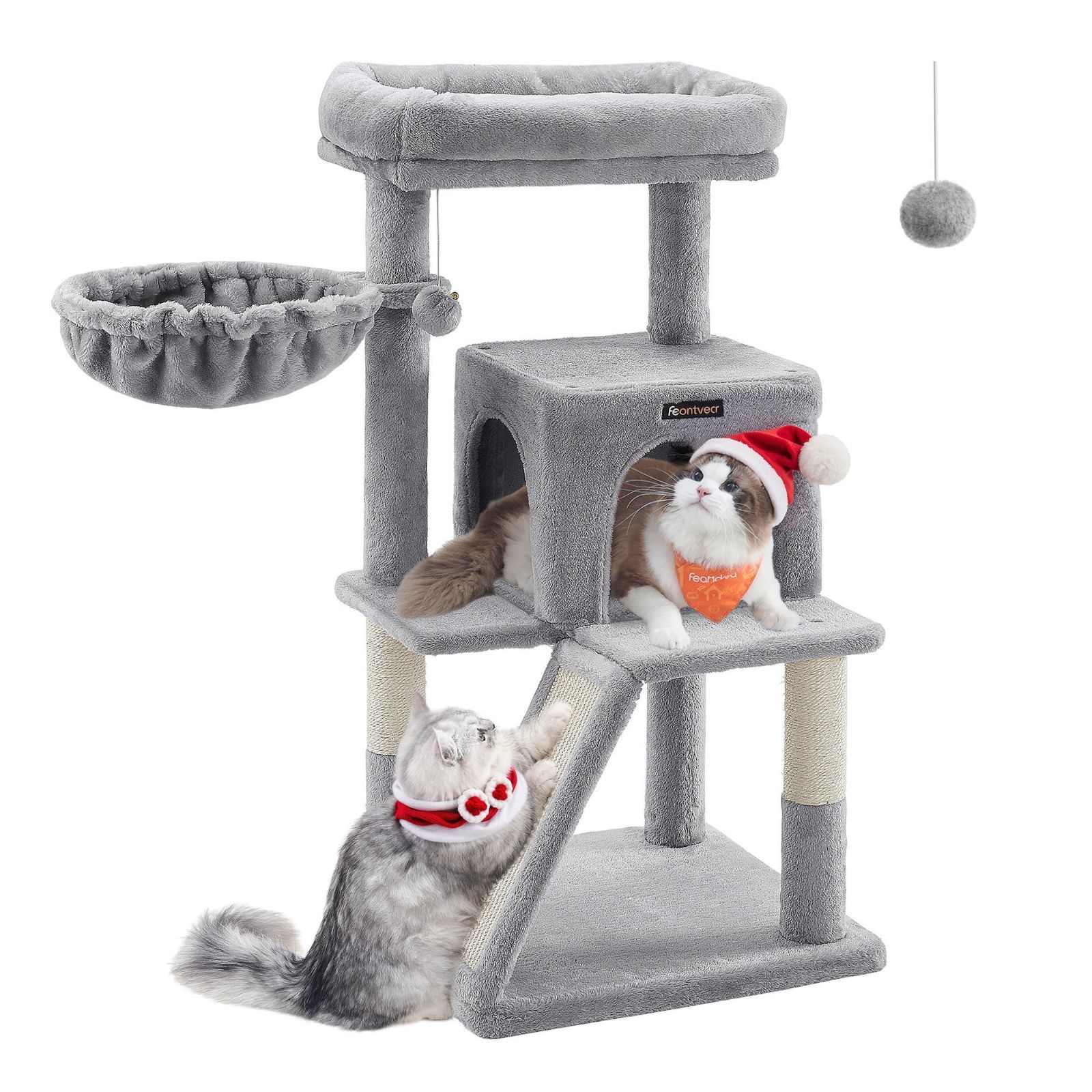 在庫 FEANDREA キャットタワー 大型猫 ハンモック耐荷重10KG 天然サイザル 広いハウスと多頭飼い 安定性 96CM PCT51W