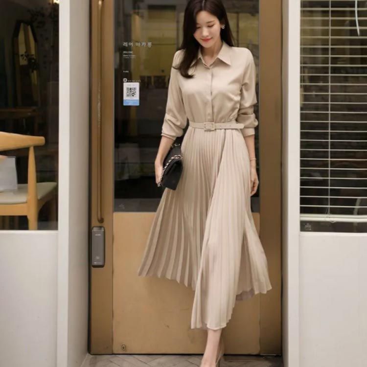 長袖 ワンピース プリーツ プリーツワンピース レディース 春 夏 秋 冬 ロング マキシ ロングワンピース マキシワンピース シャーリング きれいめ ウエストベルト付き jzxd1301