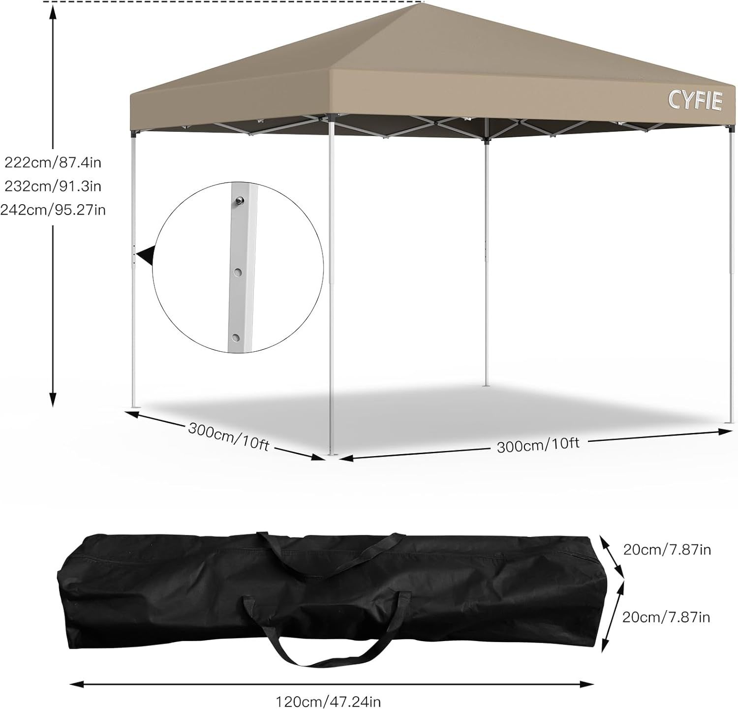 CYFIE タープテント 3m×3m 高さ3段階調節 サイドシート付き uvカット