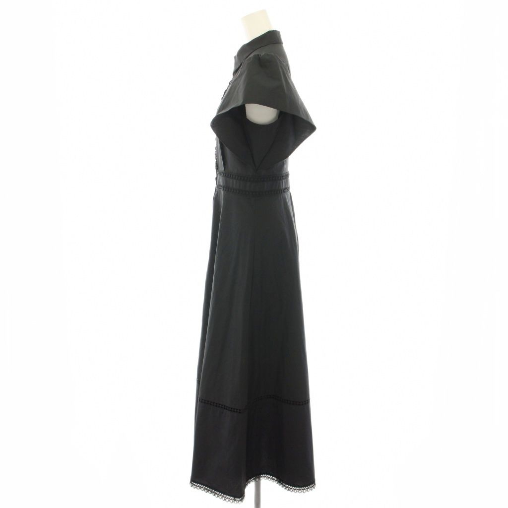 ルルウィルビー Loulou Willoughby レーストリムシャツワンピース ロング 半袖 フリル レース ハトメ 2 黒 ブラック 21231014290 |YT