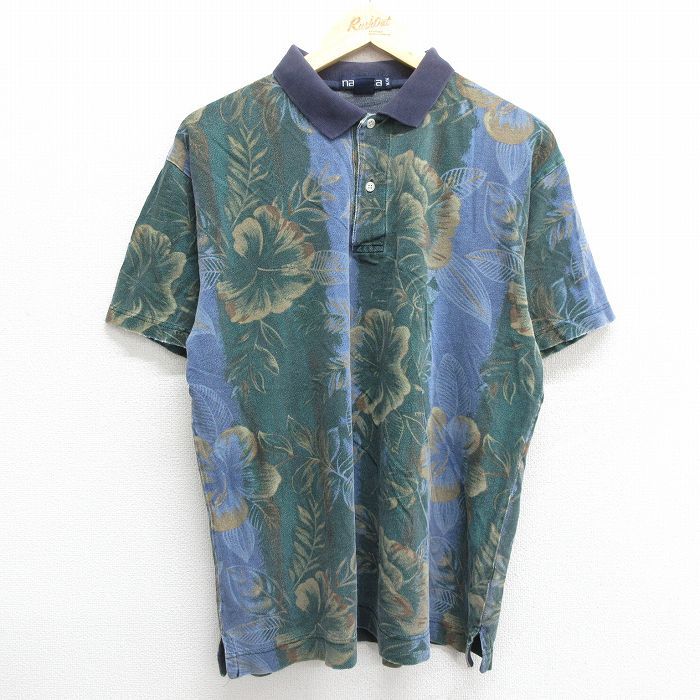 XL/古着 ノーティカ 半袖 ブランド ポロ シャツ メンズ 90s ハイビスカス 鹿の子 コットン 紺他 ネイビー 24mar19 中古 トップス