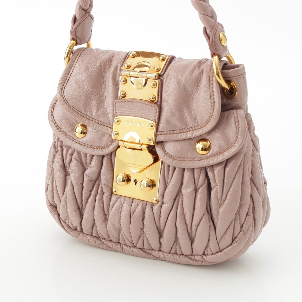 ミュウミュウ パテントレザー ロゴ 2WAY ハンドバッグ ショルダー ピンク×ゴールド