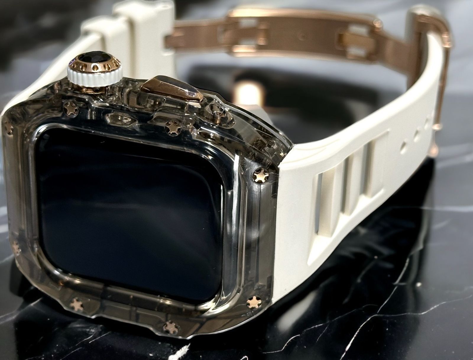 クリアブラック-ホワイト ローズ アップルウォッチバンド ラバーベルト カバー Apple Watch クリア ケース 44mm 45mm 4 5 6 7 8 9 se スポーツ メンズ レディース