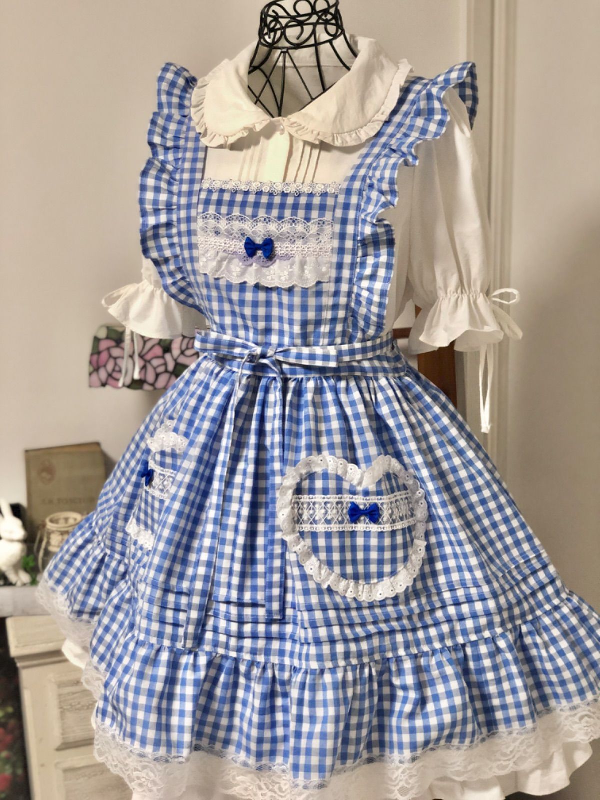 .M ブルーギンガムチェック ミニ丈 お袖どめ付 エプロンドレス
