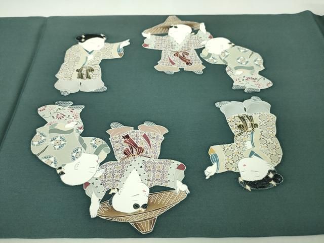 平和屋本店□極上 塩瀬 九寸開き名古屋帯 友禅 童子 鉄御納戸色地 金彩  