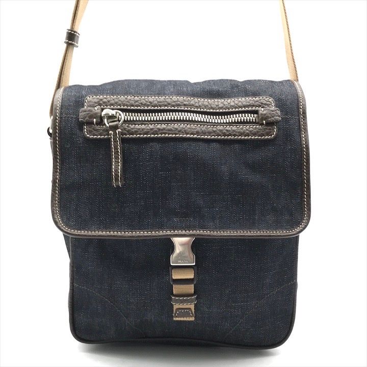 良品 PRADA プラダ 三角ロゴ デニム ボディ ショルダー バッグ
