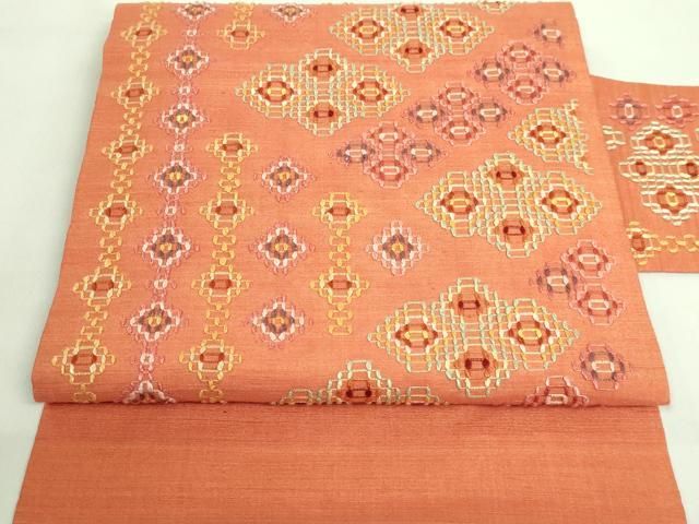 平和屋着物■極上　本場琉球　読谷山花織　紬地　九寸名古屋帯　紬地　黄丹色地　逸品　DZAA8811kh5 平和屋着物□極上 本場琉球 読谷山花織 紬地 九寸名古屋帯 紬地 黄丹色