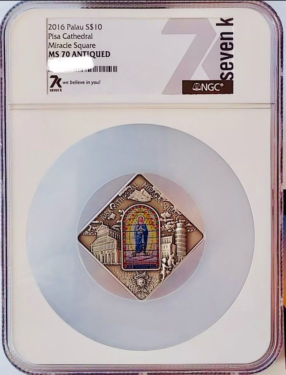 7k Metals 2016 Pisa Cathedral Miracle Square 50g MS70 Antiqued Only 999 Mintage