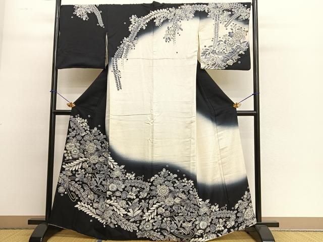 平和屋着物○訪問着 辻が花 絞り 暈し染め 黒地 銀彩 正絹 逸品