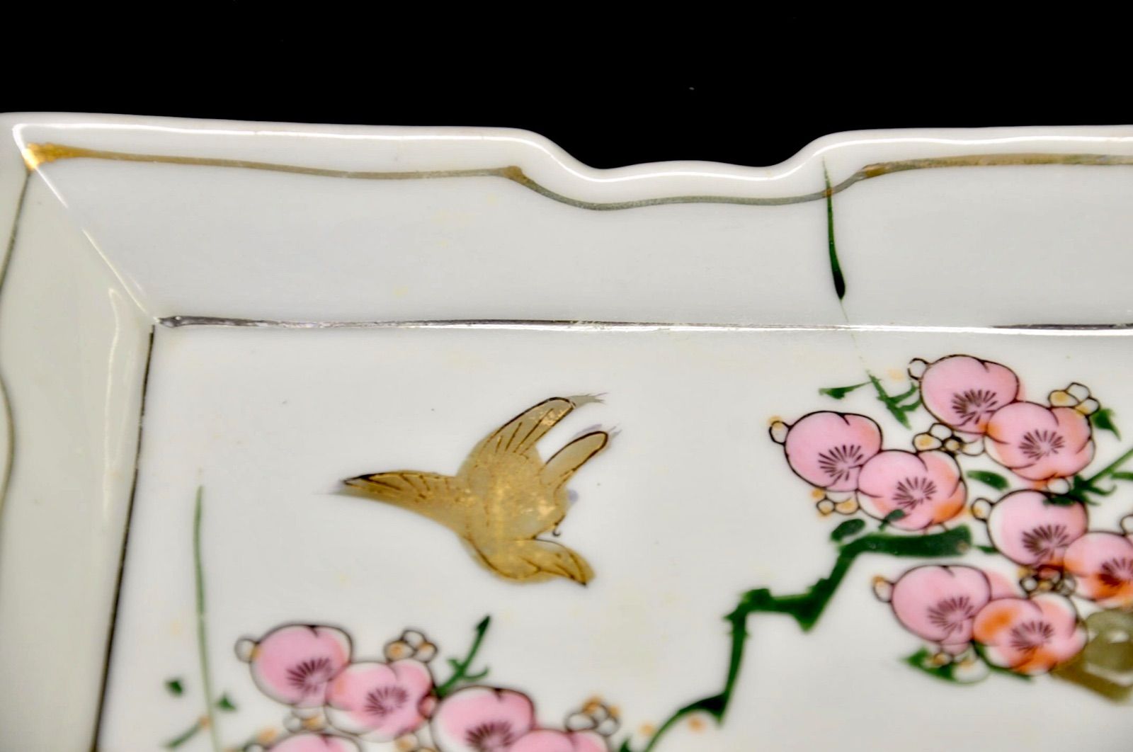 昭和初期 手描金彩花鳥紋 刺身皿 銘々皿 角皿 14枚揃 幅15.5cm