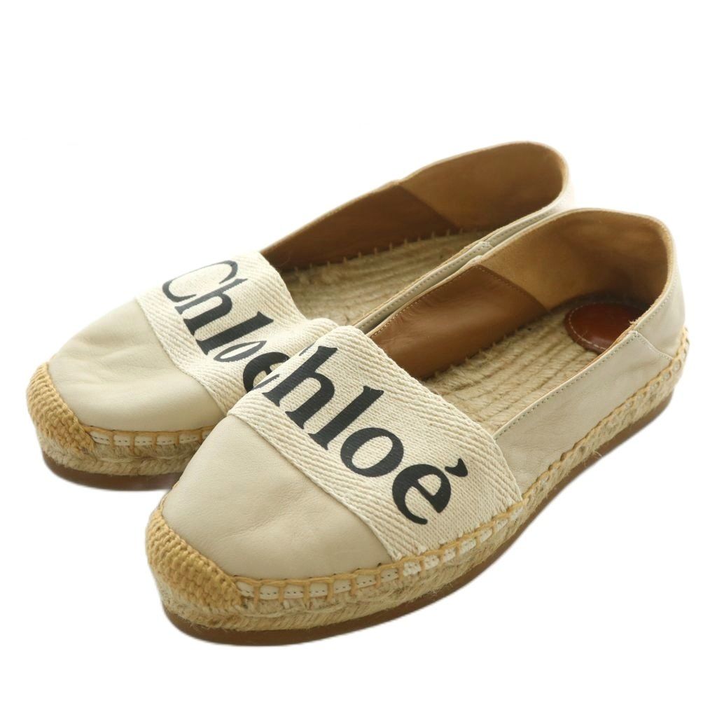 クロエ CHLOE Woody ウッディ エスパドリーユ スリッポン フラット シューズ レザー ラウンドトゥ ロゴ 35 22.5cm ベージュ |XZ GY19