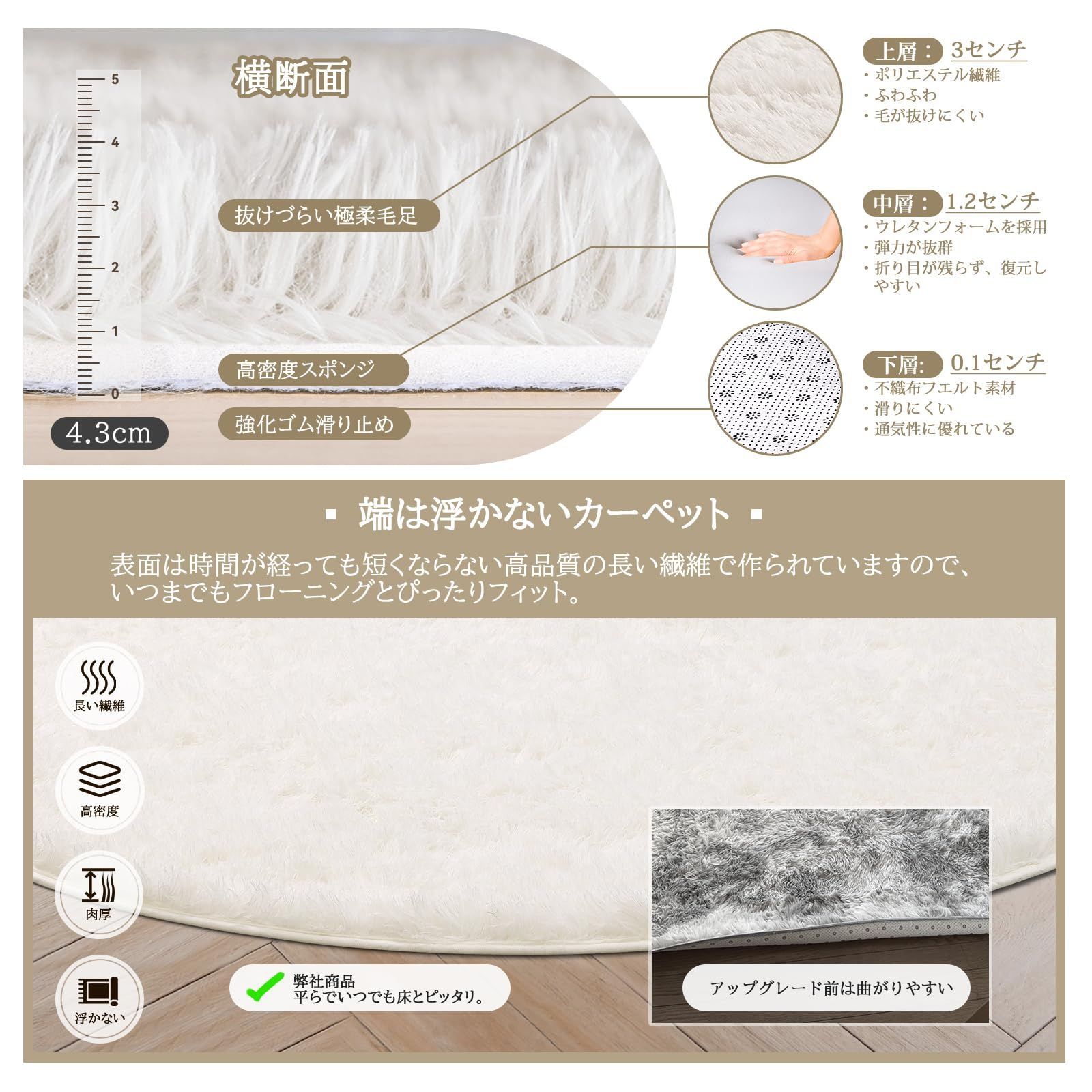 在庫セール】高密度シャギーラグ アイボリー 滑り止め付き オール 