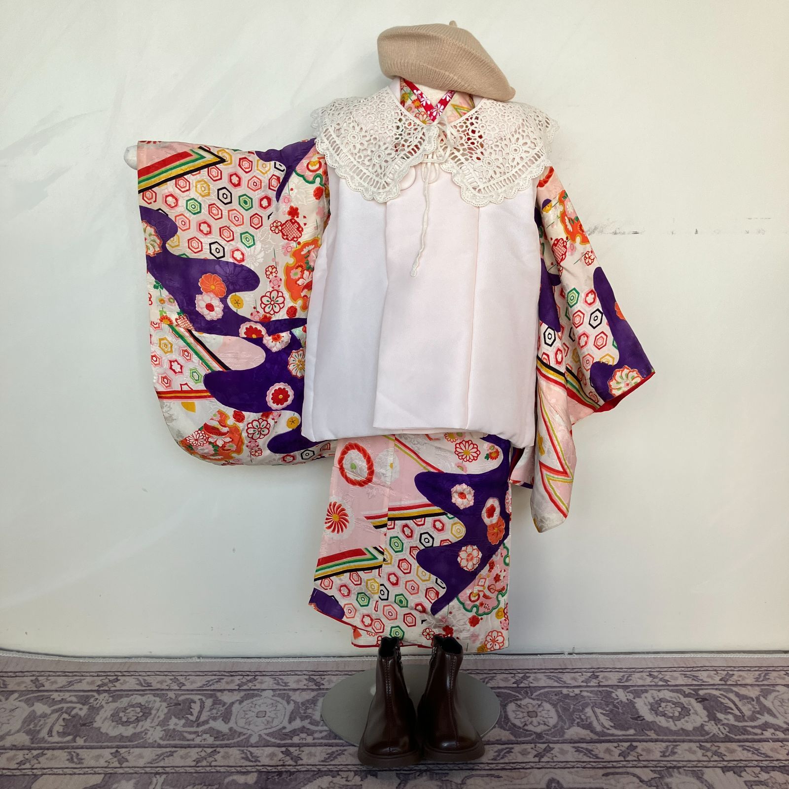 正絹 七五三作り2部式 シルバー×ゴールド 華文模様 5-7歳向け 七五三