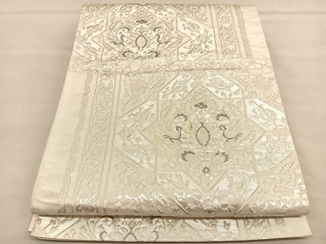 平和屋着物◎六通柄袋帯 ふくれ織 飾花文 九百錦 プラチナ箔