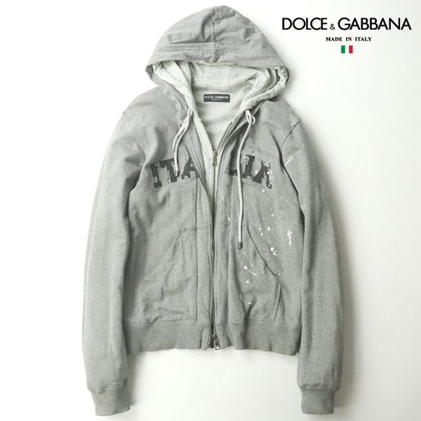 美品 イタリア製 DOLCE＆GABBANA ドルチェ＆ガッバーナ ペイント ダメージ加工 ジップパーカー 46(JP:M) グレー【参考価格￥220，000-】