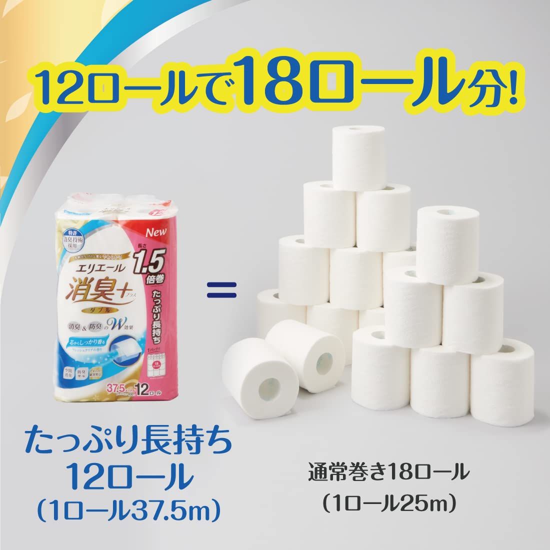 ケース販売：6個入】 トイレットペーパー 消臭プラス(+) 1.5倍巻き 37.5m×12ロール ダブル パルプ100% 芯からしっかり香る  消臭&防臭のW効果 フレッシュクリアの香り 大王製紙 エリエール - メルカリ