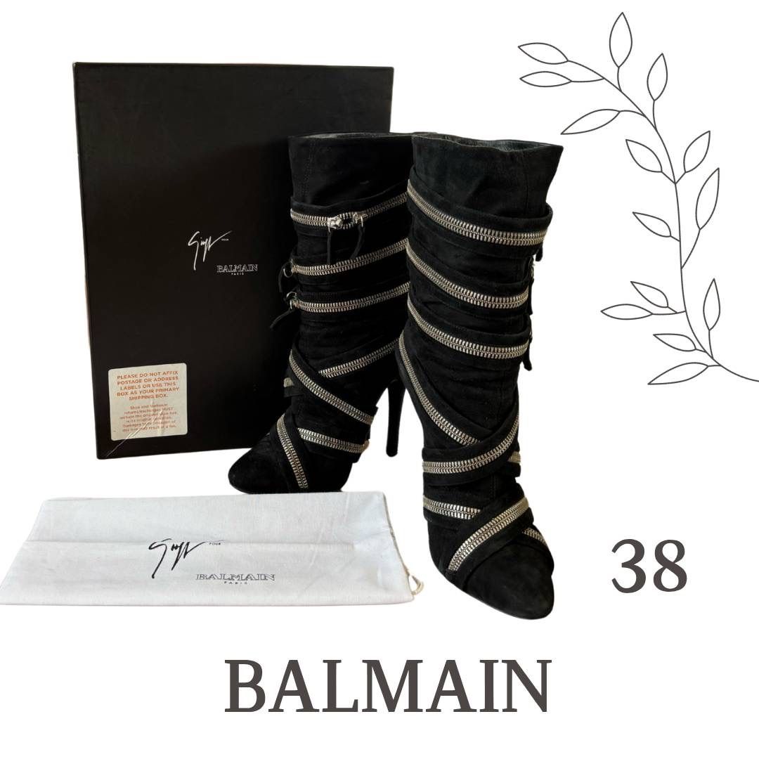 BALMAIN × GIUSEPPE ZANOTTI コラボ ブーツ 38サイズ ブラック スエード ジッパーデザイン バルマン ジュゼッペザノッティ ヒールブーツ