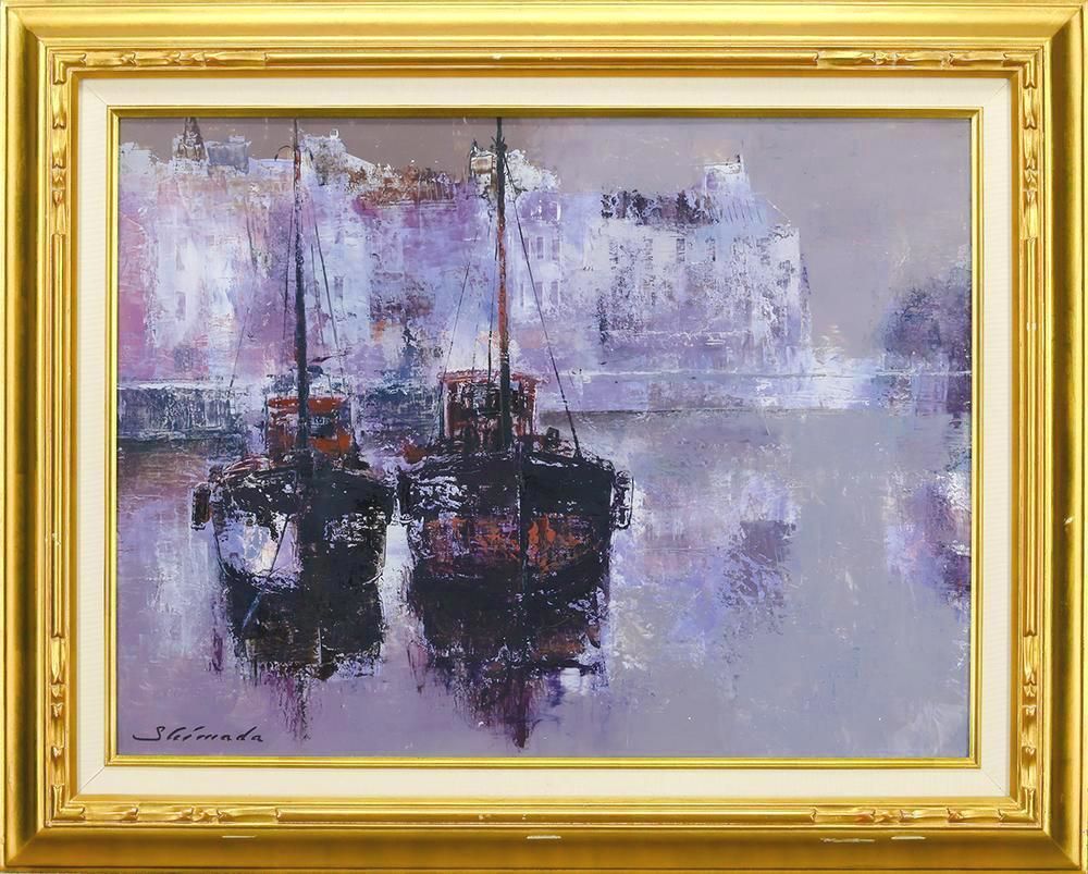 真作 WISH 島田三郎 港 オンフルール 油彩 12号 大作 二隻の船 幻想美溢れるフランス港町 〇フランス画壇 25093302