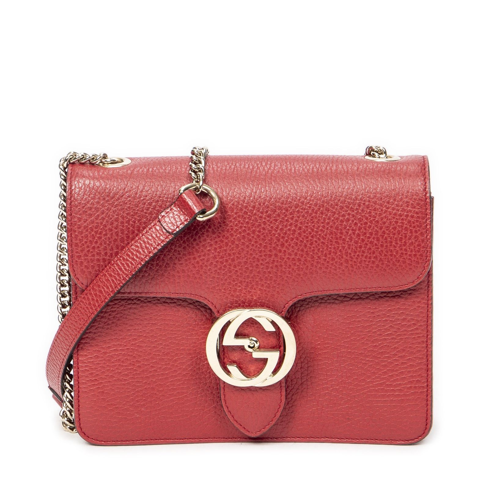 GUCCI グッチスモール インターロッキング GG チェーン クロスボディ赤グレインカーフスキンレザーA