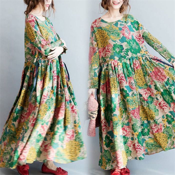 ワンピース 花柄 レディース ロングワンピース 長袖 リゾートワンピース マキシワンピース マキシ丈 ロング丈 ロングワンピ 綿麻風 大きいサイズ 春夏 森ガール エスニック フレアワンピース きれい