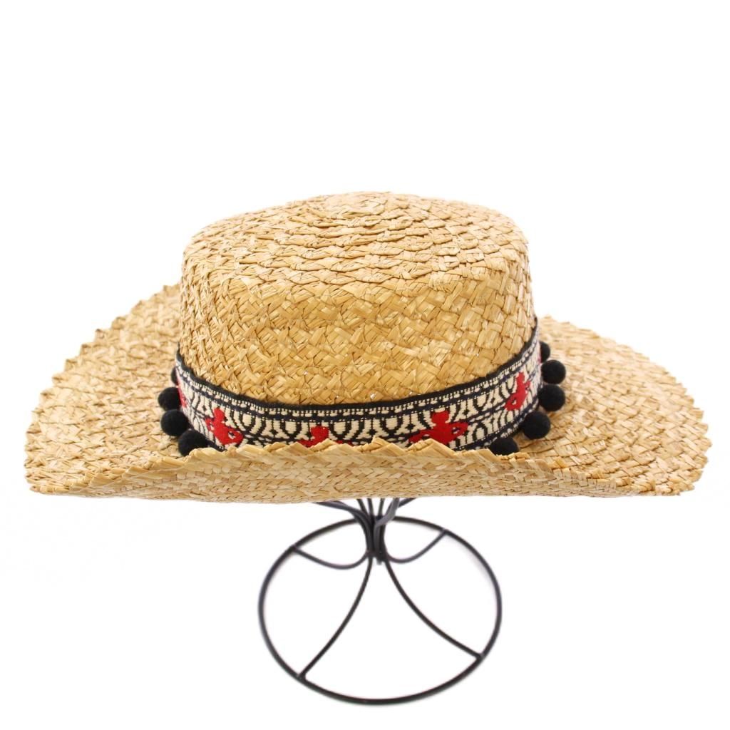 ヴィヴィアンウエストウッド Vivienne Westwood 麦わら帽子 ストローハット オーブ ロゴ ポンポン 刺繍 装飾 S-M ベージュ 黒 ブラック |BB