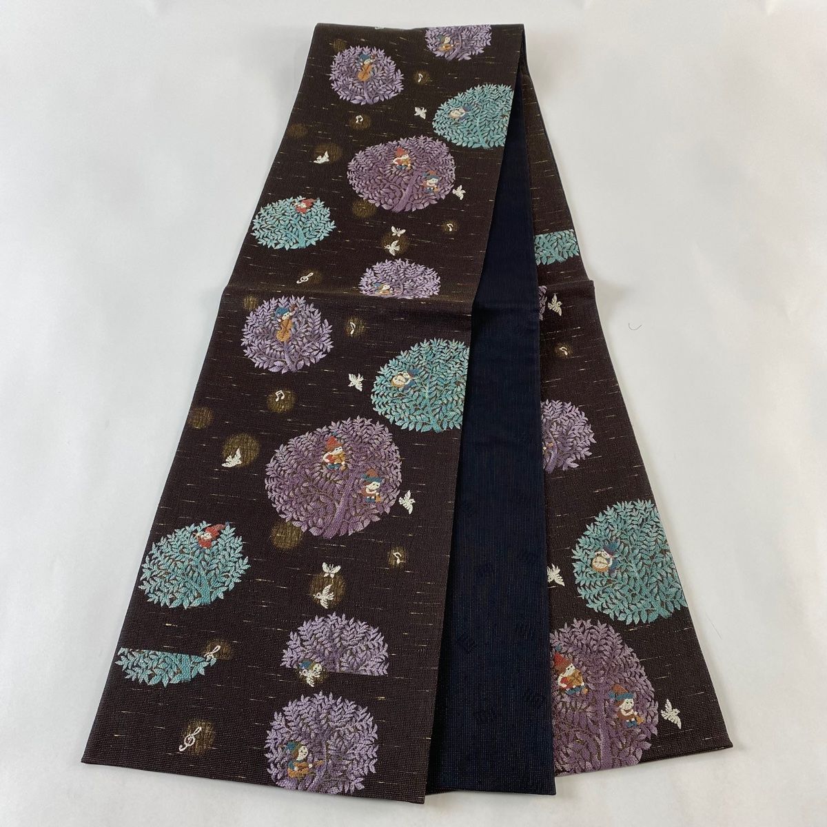 袋帯 美品 逸品 黄櫨染 小人 楽器 刺繍 箔 墨色 六通 正絹 【中古 