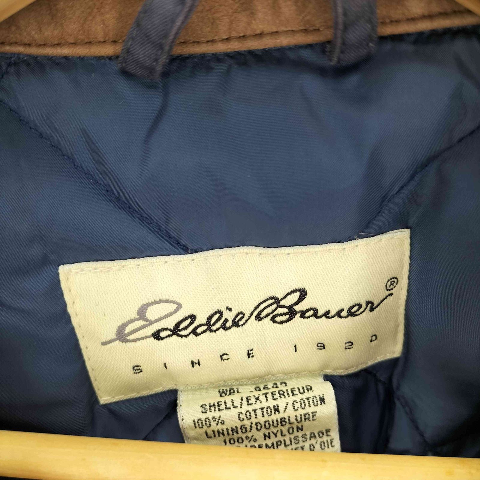 エディーバウアー Eddie Bauer 90S 白タグ GOOSE DOWN 襟レザー 切替 裏地キルティング ダウン ハンティングジャケット メンズ import：XL 