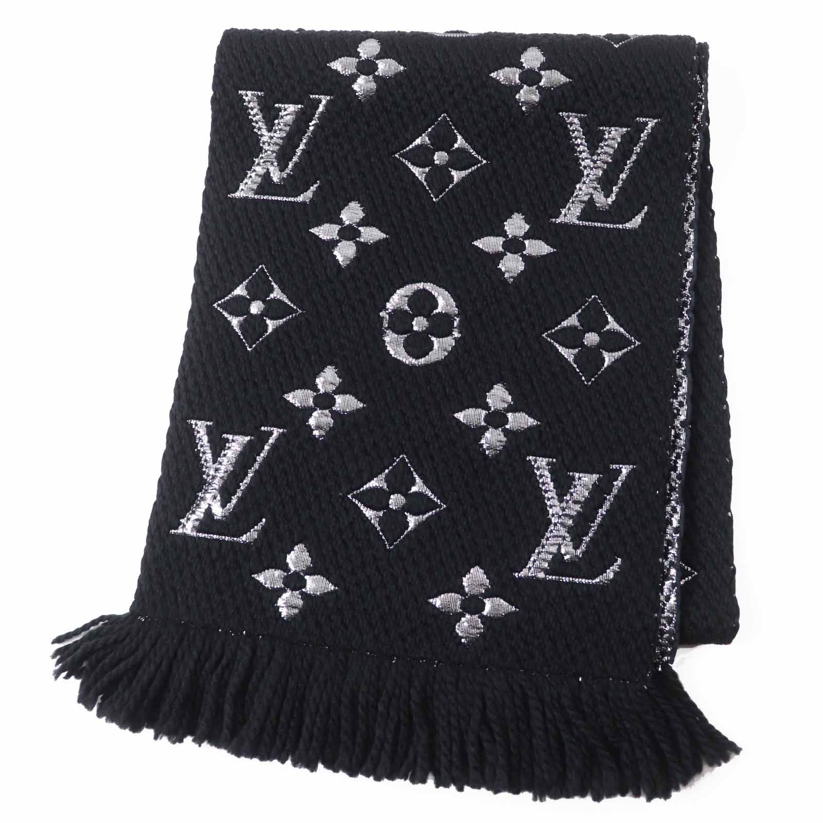 ◎LOUIS VUITTON ルイヴィトン M75833 エシャルプ ロゴマニア シャイン ウール シルク ノワール フリンジ付き ニットマフラー モノグラム柄 イタリア製 レディース