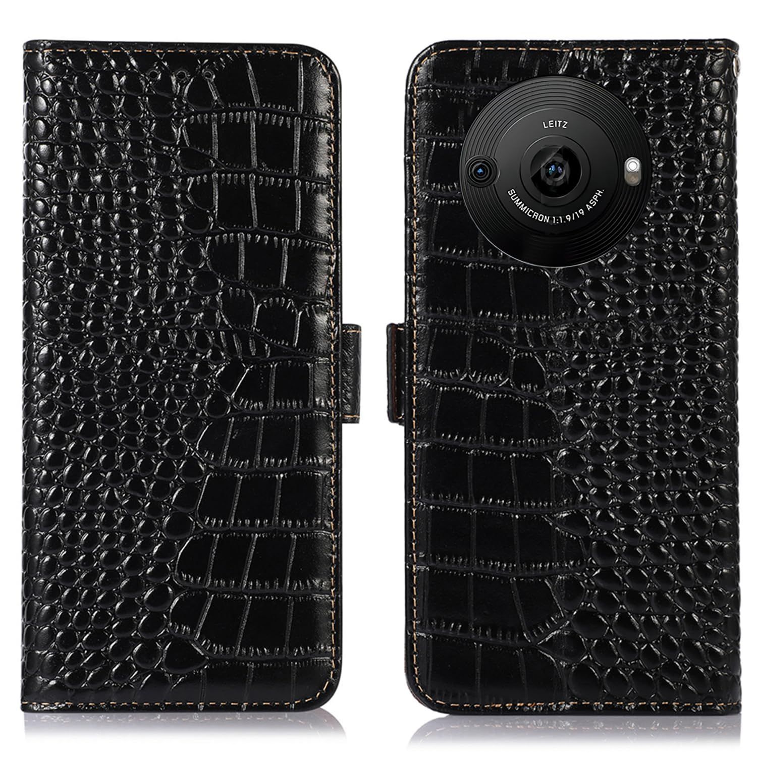 【新着商品】鰐柄 クロコダイル柄 財布型 耐衝撃 牛革 [RFIDブロッキング] アクオスアール８プロ カード収納 ワニ柄 マグネット式ボタン 本革 横置きスタンド機能 手帳型 便利 ケース 財布型携帯 SH-51D スマホケース Pro ブラック R8 Ru