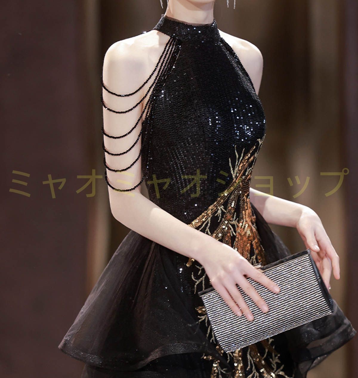 カラードレス パーティードレス イブニングドレス フォーマル カクテルドレス コンサート ブラック マーメイドドレス 袖なし ホルダーネック タイトドレス 刺繍 黒 ゴールド刺繍 チャイナ風 大人 1312